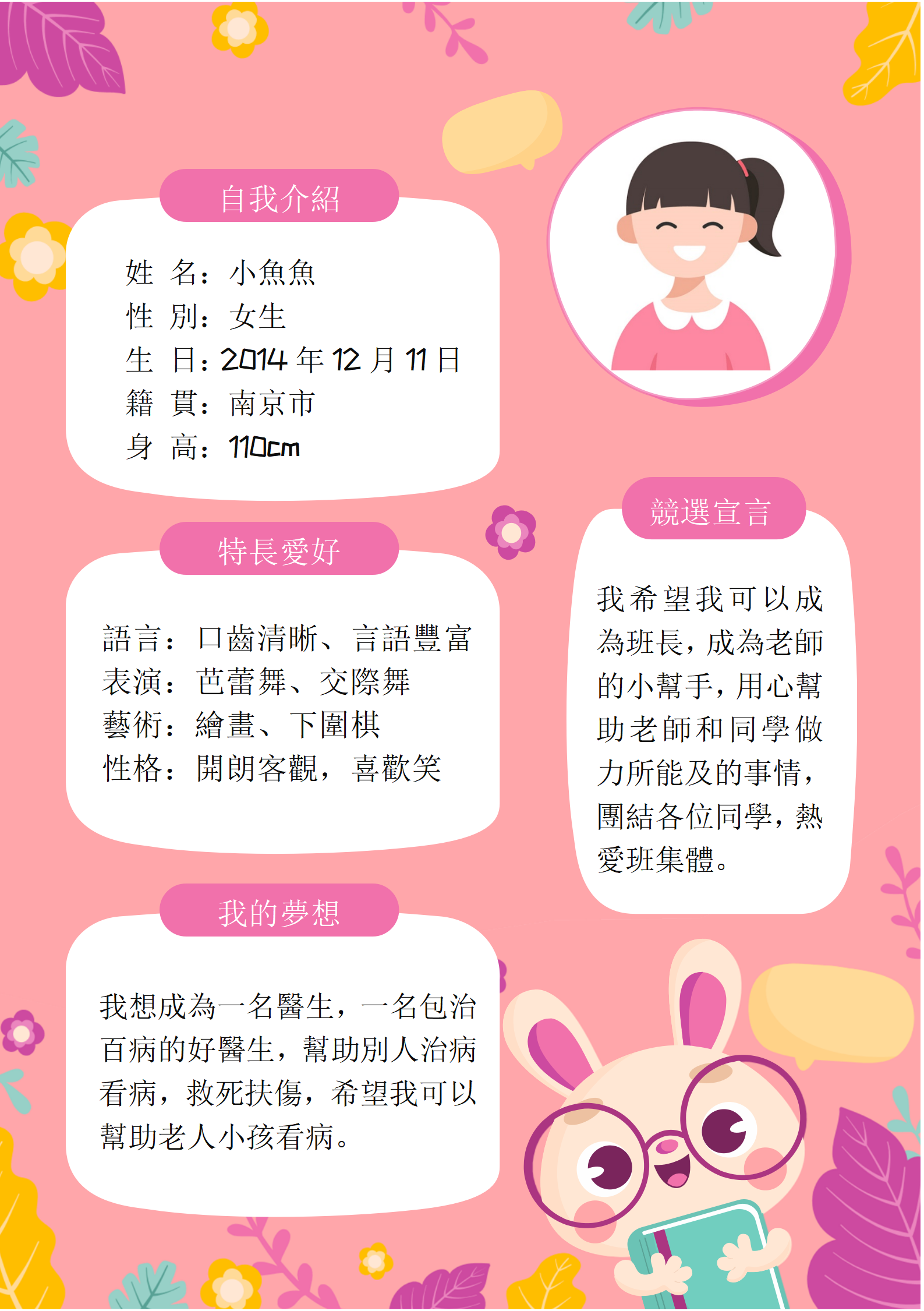 卡通兒童入學入園自我介紹履歷